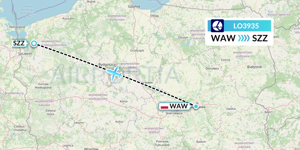 LO3935 LOT Flight Map: Warsaw to Szczecin