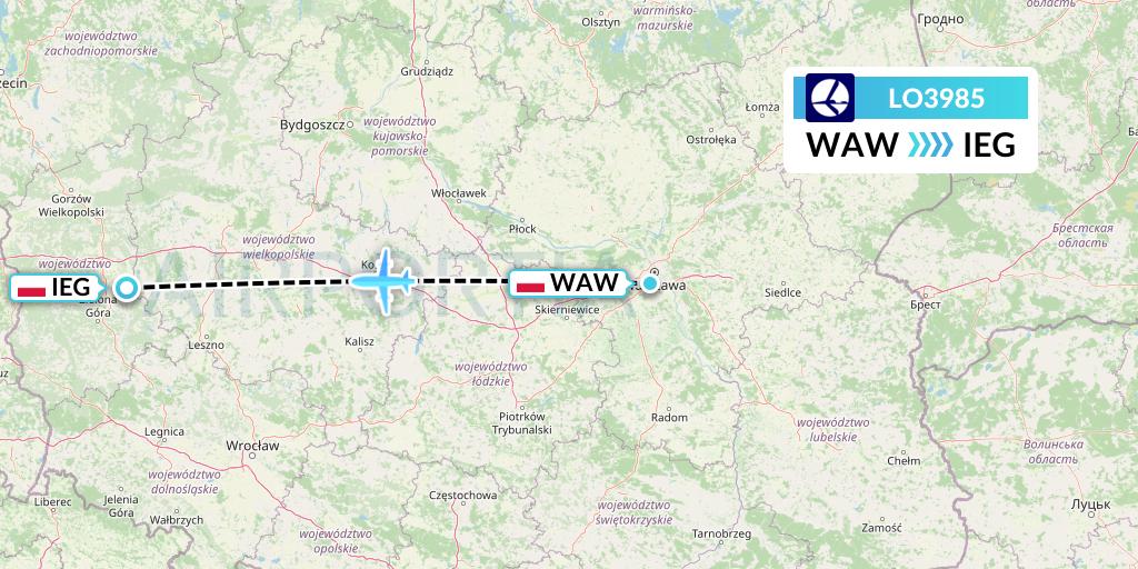LO3985 LOT Flight Map: Warsaw to Zielona Gora