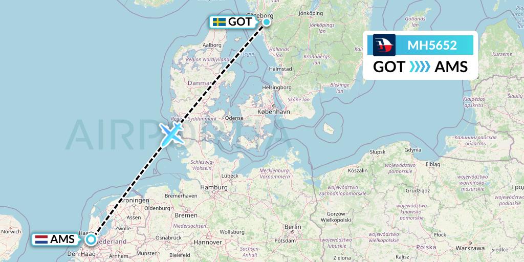 MH5652 Malaysia Airlines Flight Map: Gothenburg to Amsterdam