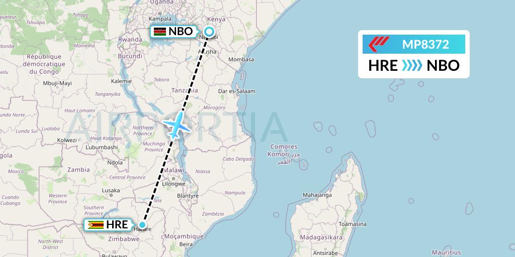 MP8372 Martinair Holland Flight Map: Harare to Nairobi