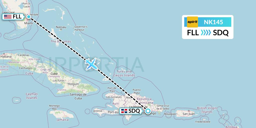 NK145 Spirit Airlines Flight Map: Fort Lauderdale to Santo Domingo