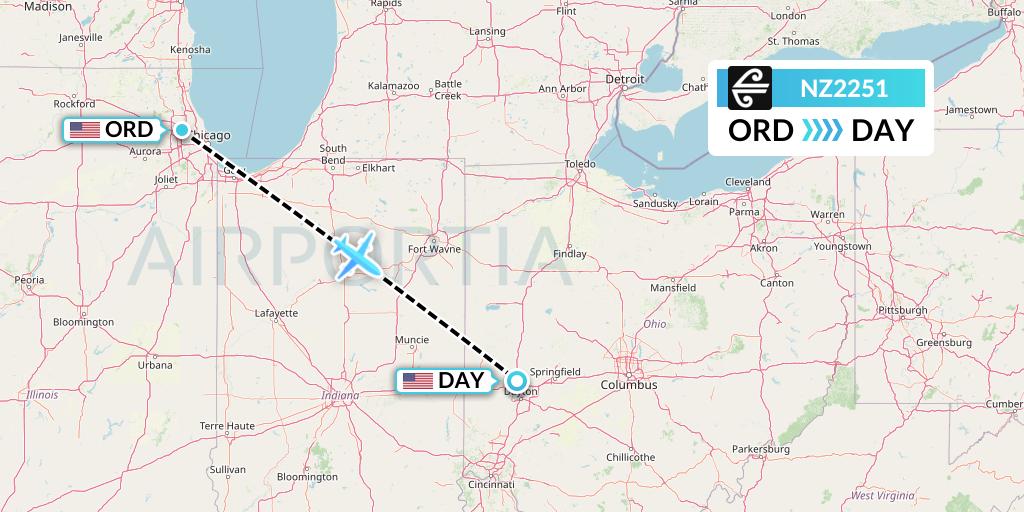 NZ2251 Air New Zealand Flight Map: Chicago to Dayton