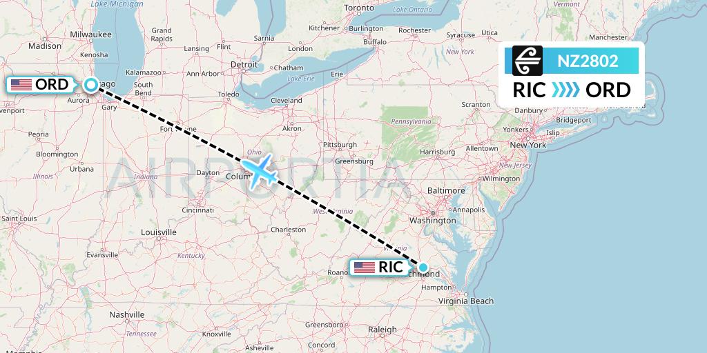 NZ2802 Air New Zealand Flight Map: Richmond to Chicago