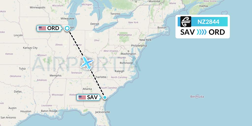 NZ2844 Air New Zealand Flight Map: Savannah to Chicago