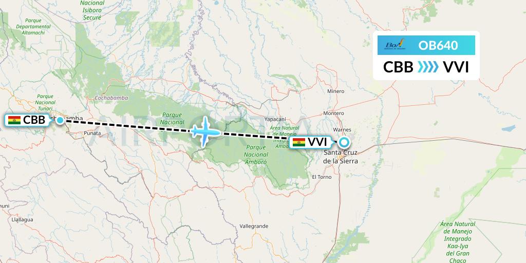 OB640 Boliviana de Aviacion Flight Map: Cochabamba to Santa Cruz