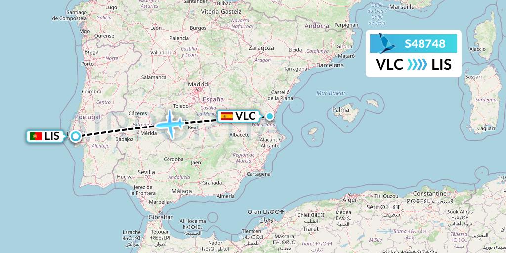 S48748 Azores Airlines Flight Map: Valencia to Lisbon