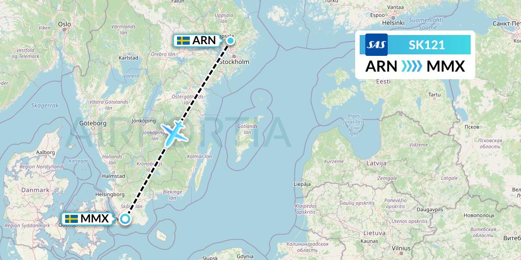 SK121 SAS Flight Map: Stockholm to Malmo