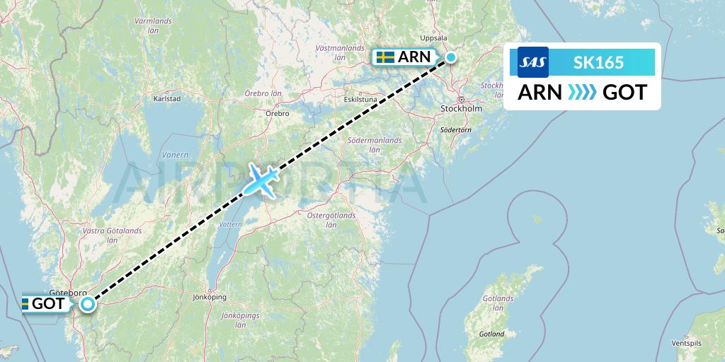 SK165 SAS Flight Map: Stockholm to Gothenburg