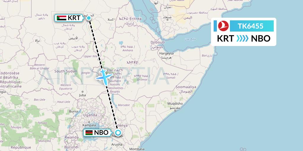 TK6455 Turkish Airlines Flight Map: Khartoum to Nairobi