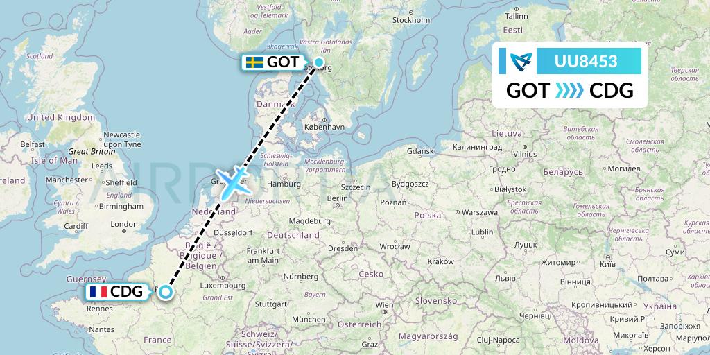 UU8453 Air Austral Flight Map: Gothenburg to Paris