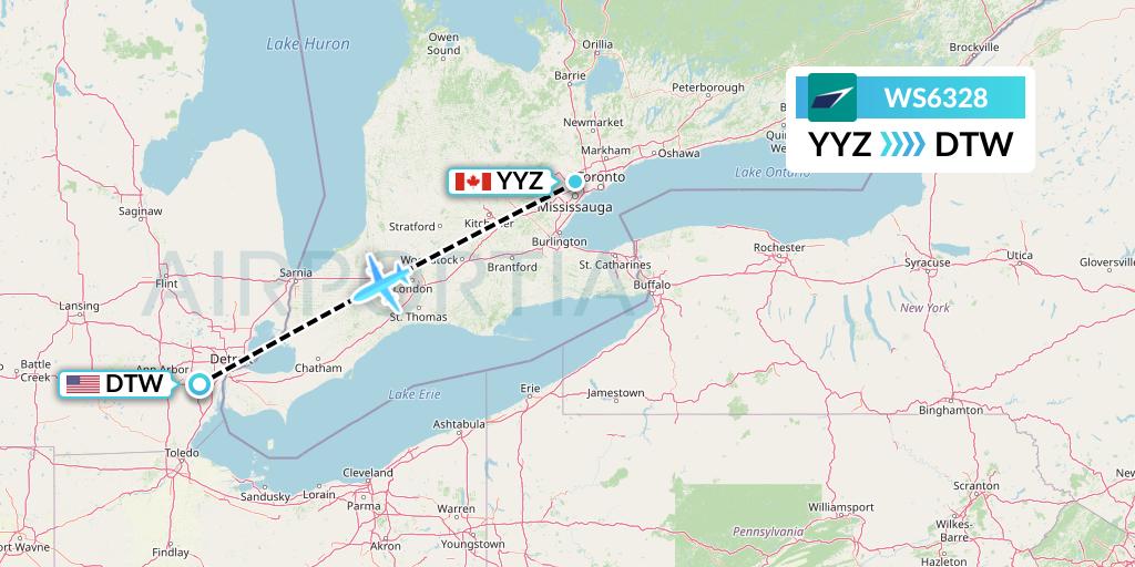 WS6328 WestJet Flight Map: Toronto to Detroit