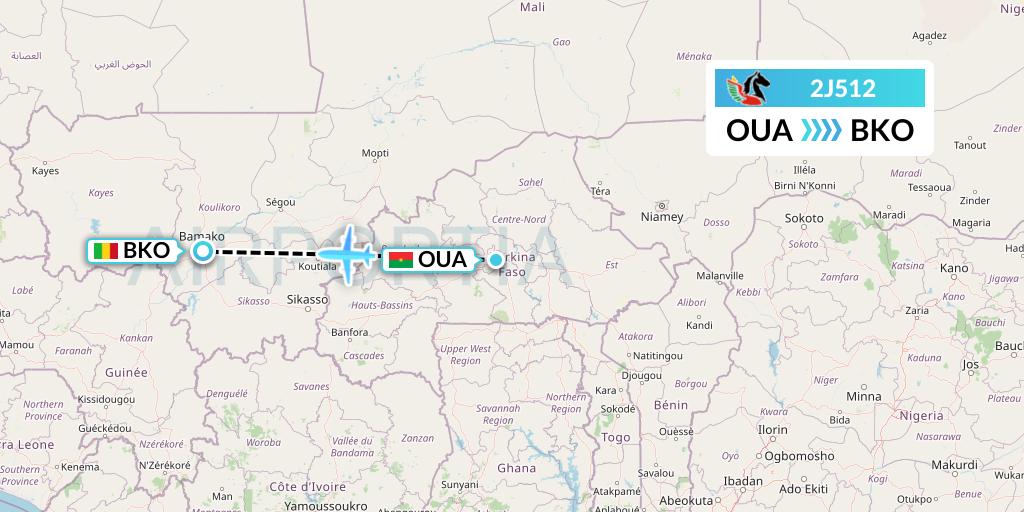 2J512 Air Burkina Flight Map: Ouagadougou to Bamako