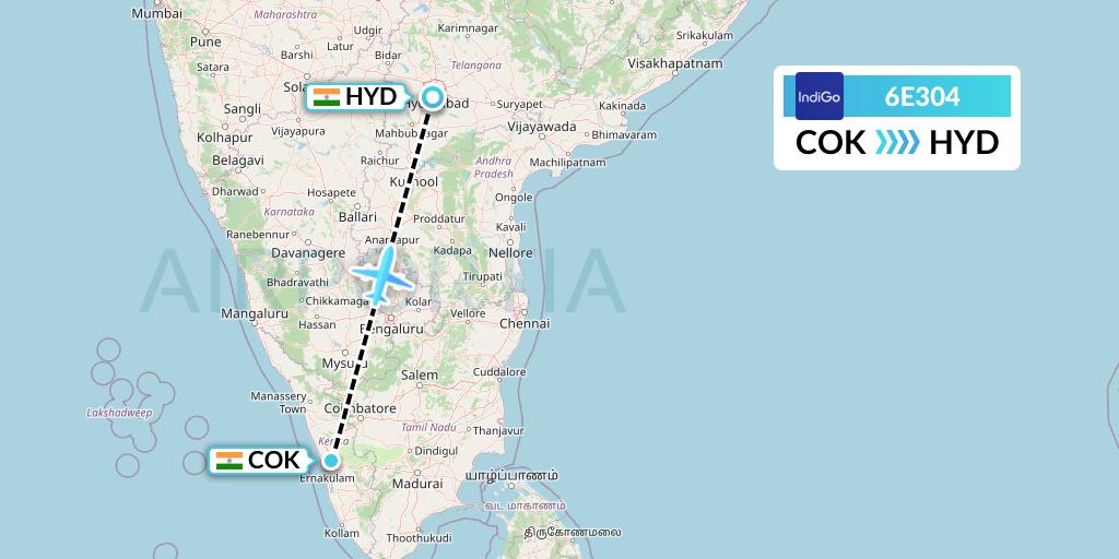 6E304 IndiGo Airlines Flight Map: Cochin to Hyderabad