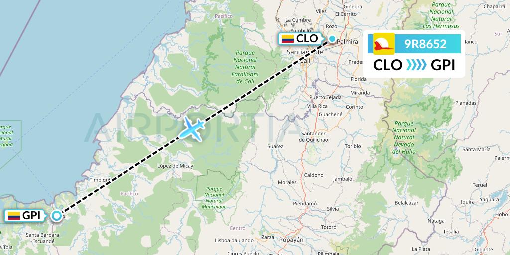 9R8652 Satena Flight Map: Cali to Guapi