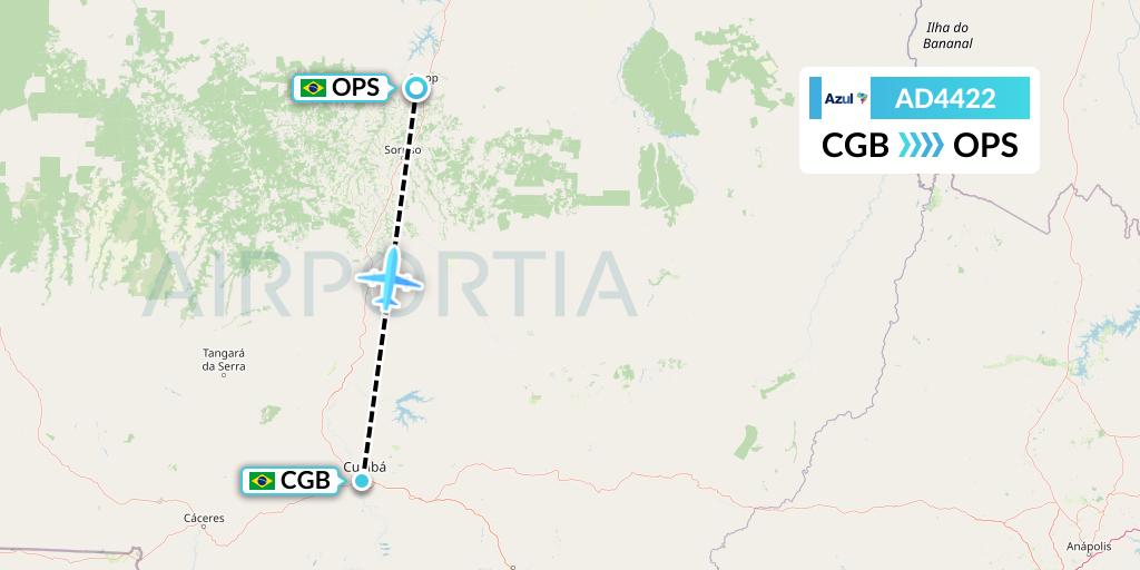 AD4422 Azul Brazilian Airlines Flight Map: Cuiaba to Sinop