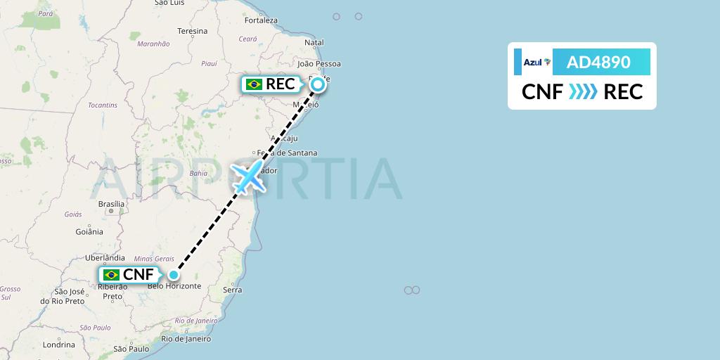 AD4890 Azul Brazilian Airlines Flight Map: Belo Horizonte to Recife