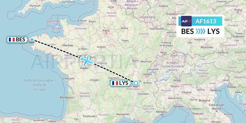 AF1613 Air France Flight Map: Brest to Lyon