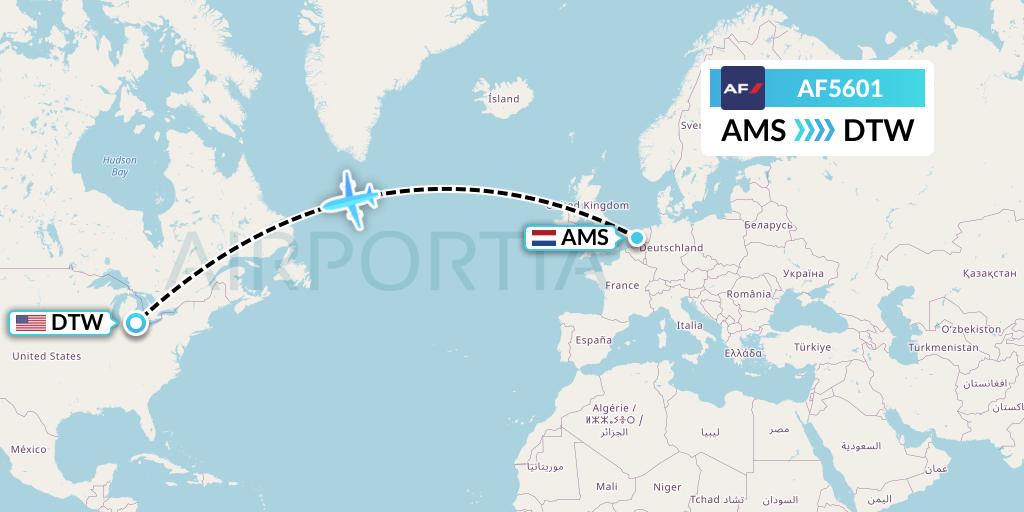 AF5601 Air France Flight Map: Amsterdam to Detroit