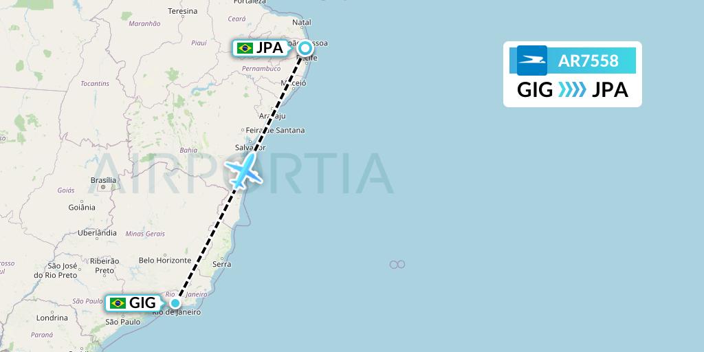 AR7558 Aerolineas Argentinas Flight Map: Rio de Janeiro to Joao Pessoa
