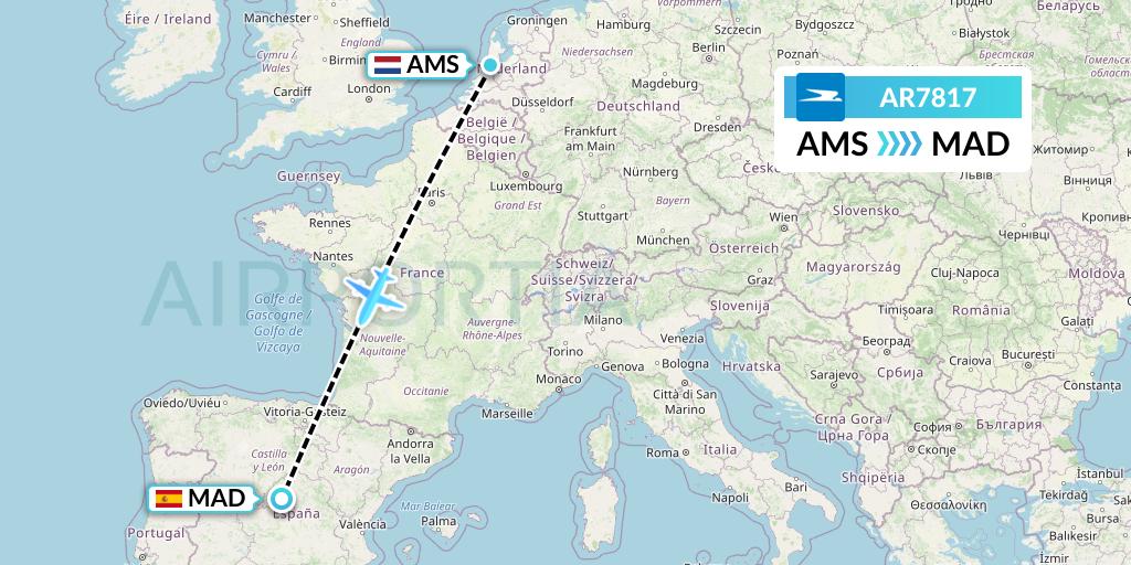 AR7817 Aerolineas Argentinas Flight Map: Amsterdam to Madrid