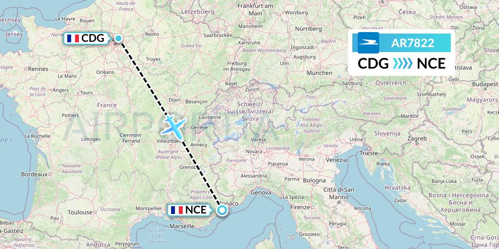 AR7822 Aerolineas Argentinas Flight Map: Paris to Nice