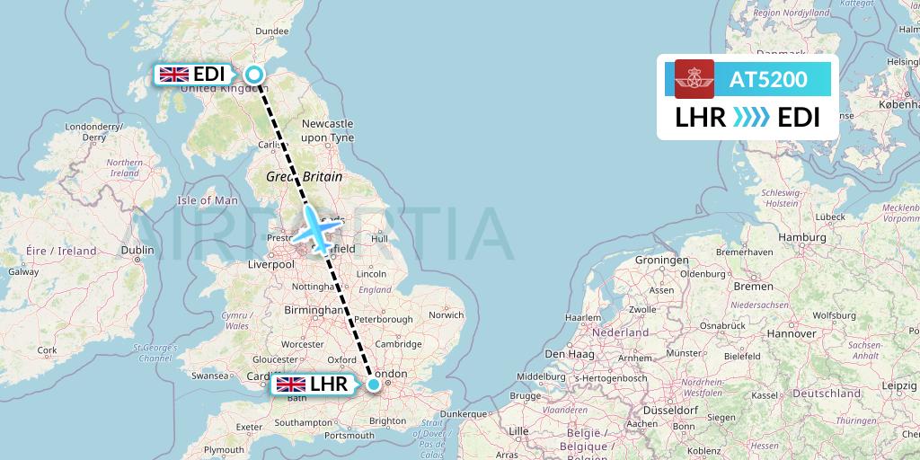 AT5200 Royal Air Maroc Flight Map: London to Edinburgh