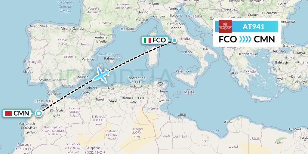 AT941 Royal Air Maroc Flight Map: Rome to Casablanca