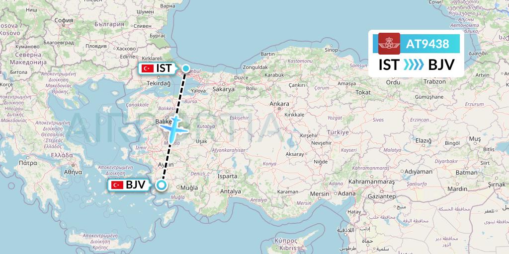 AT9438 Royal Air Maroc Flight Map: Istanbul to Bodrum