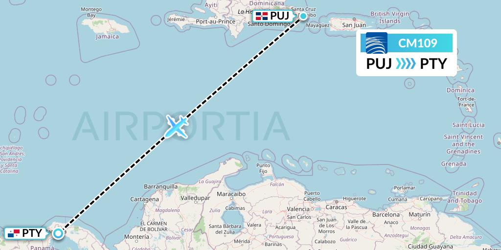 CM109 Copa Airlines Flight Map: Punta Cana to Panama City