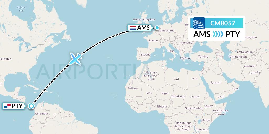 CM8057 Copa Airlines Flight Map: Amsterdam to Panama City