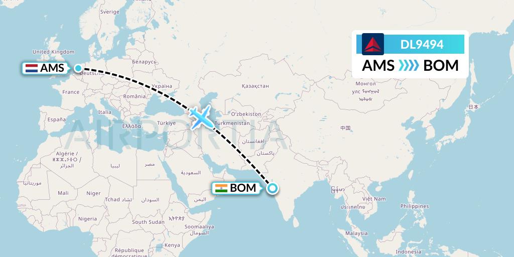 DL9494 Delta Air Lines Flight Map: Amsterdam to Mumbai