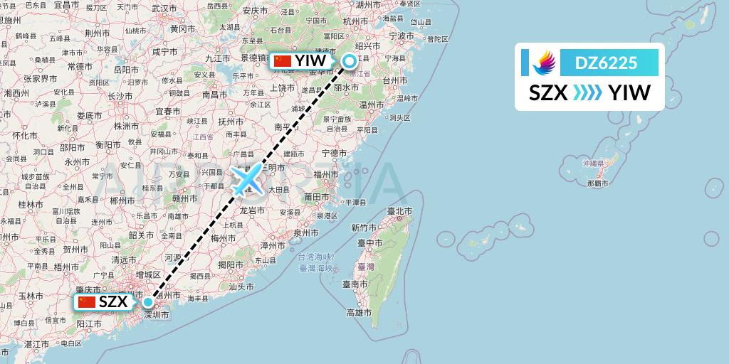 DZ6225 Donghai Airlines Flight Map: Shenzhen to Yiwu