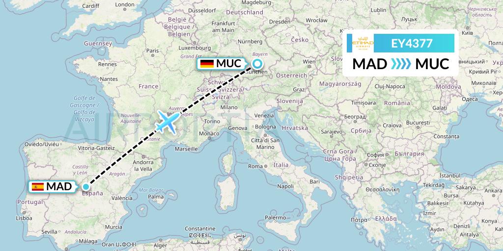 EY4377 Etihad Airways Flight Map: Madrid to Munich