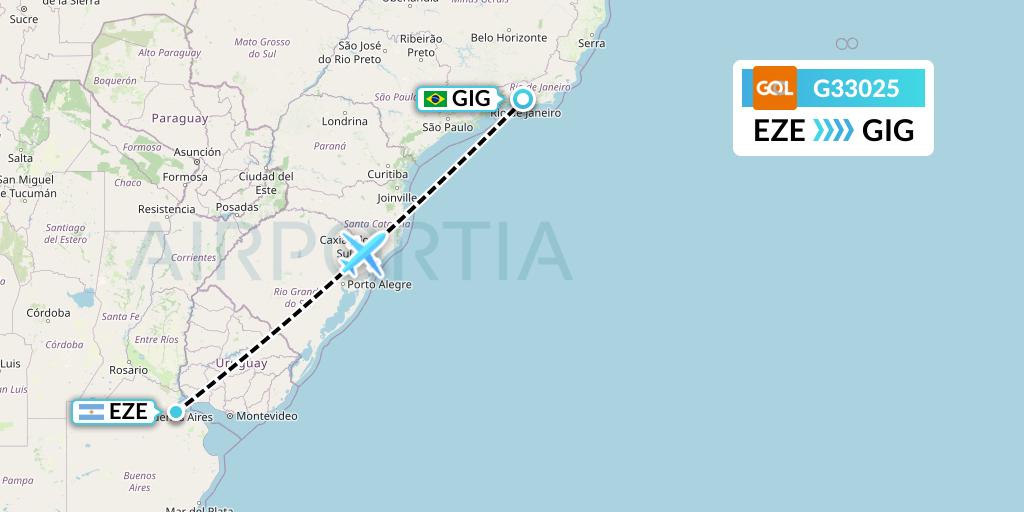 G33025 GOL Transportes Aeros Flight Map: Buenos Aires to Rio de Janeiro
