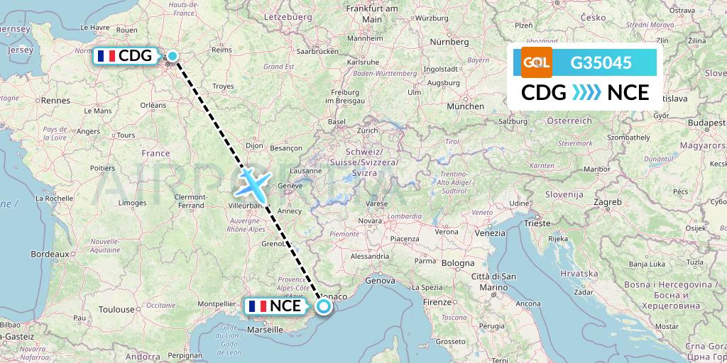 G35045 GOL Transportes Aeros Flight Map: Paris to Nice