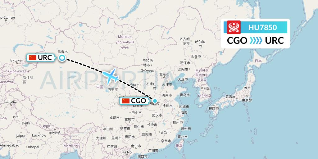 HU7850 Hainan Airlines Flight Map: Zhengzhou to Urumqi