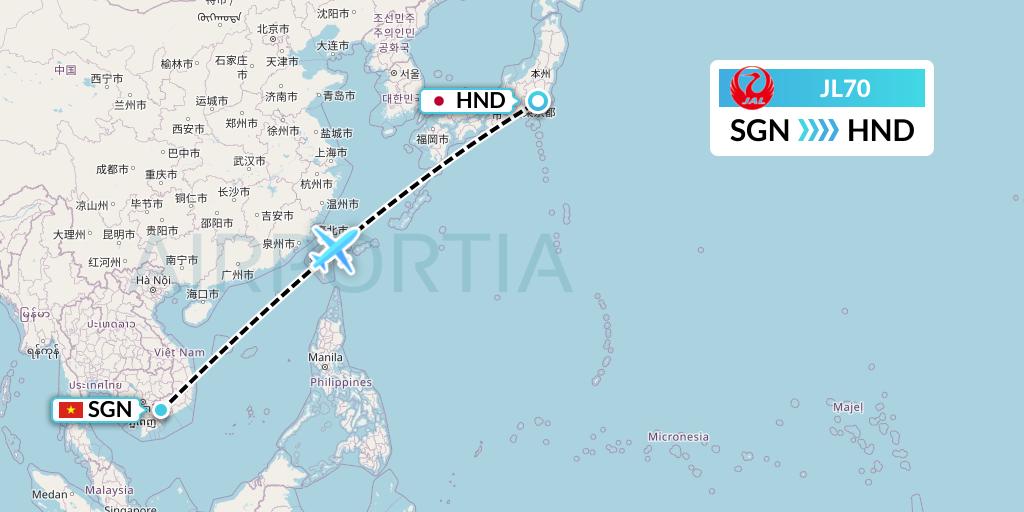 JL70 Japan Airlines Flight Map: Ho Chi Minh City to Tokyo