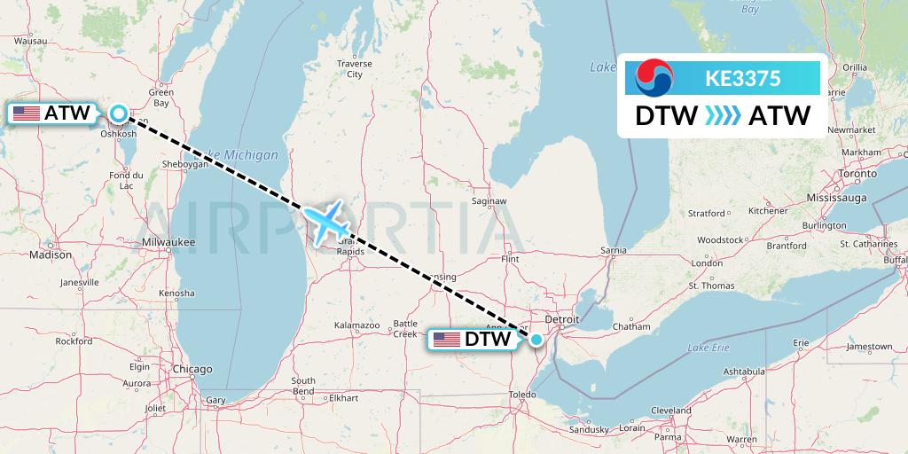 KE3375 Korean Air Flight Map: Detroit to Appleton