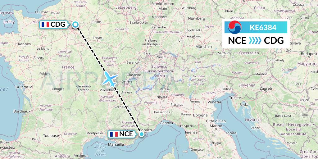 KE6384 Korean Air Flight Map: Nice to Paris