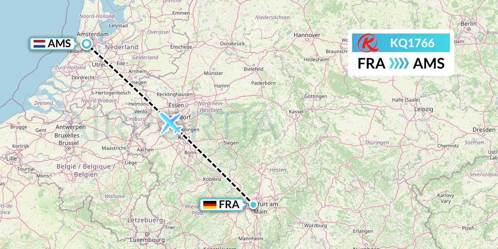 KQ1766 Kenya Airways Flight Map: Frankfurt to Amsterdam