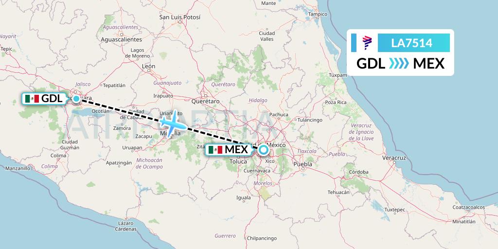 LA7514 LAN Airlines Flight Map: Guadalajara to Mexico City