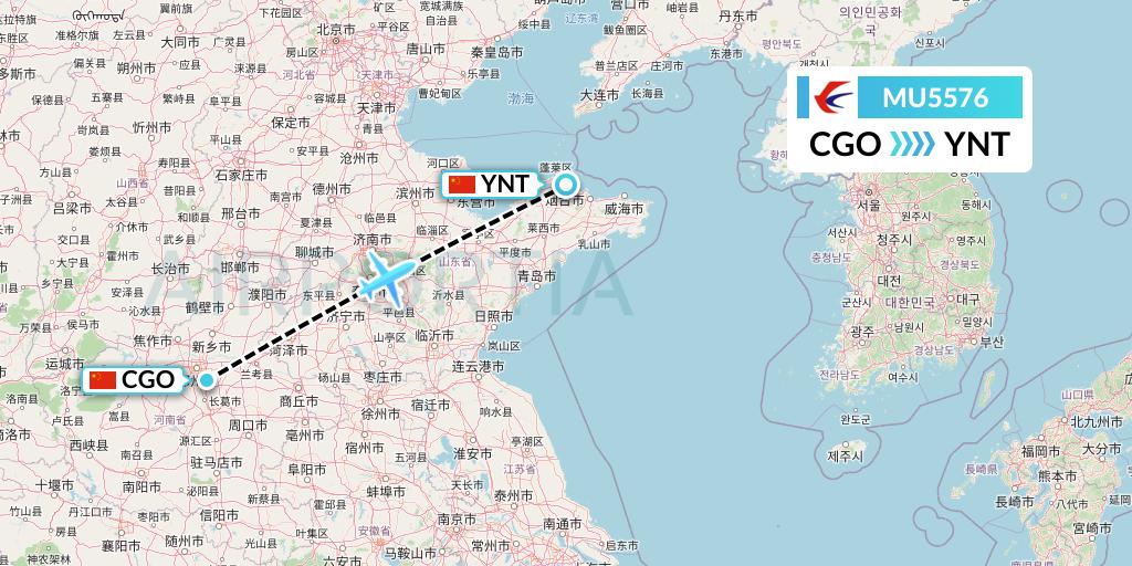 MU5576 China Eastern Airlines Flight Map: Zhengzhou to Yantai