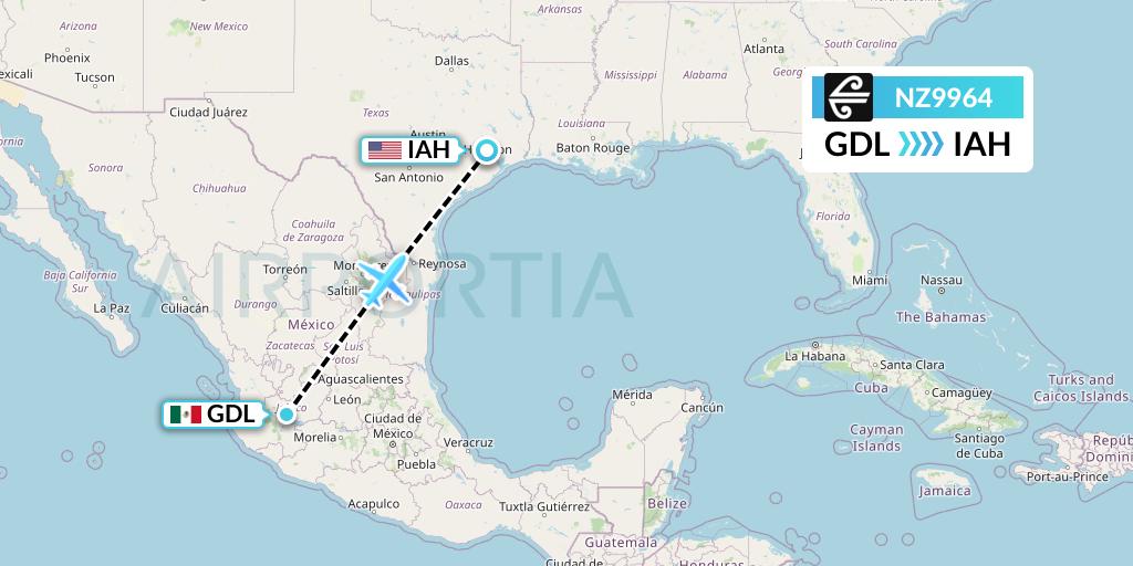 NZ9964 Air New Zealand Flight Map: Guadalajara to Houston