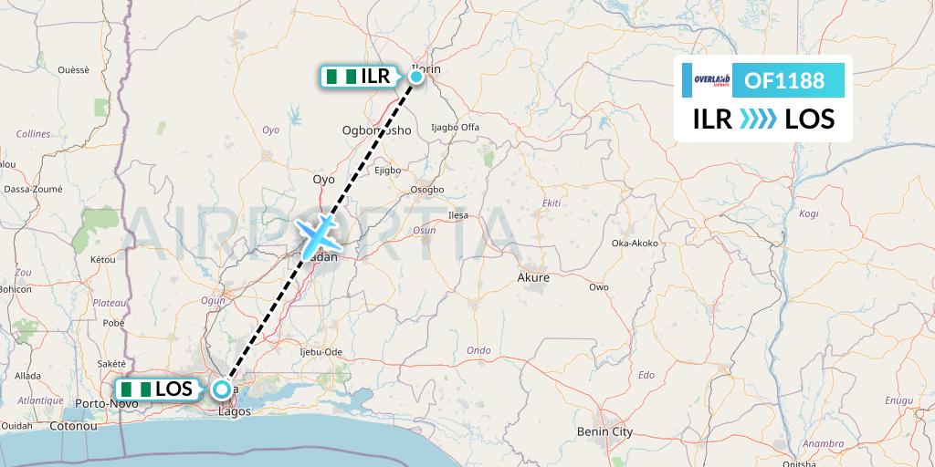 OF1188 Overland Airways Flight Map: Ilorin to Lagos