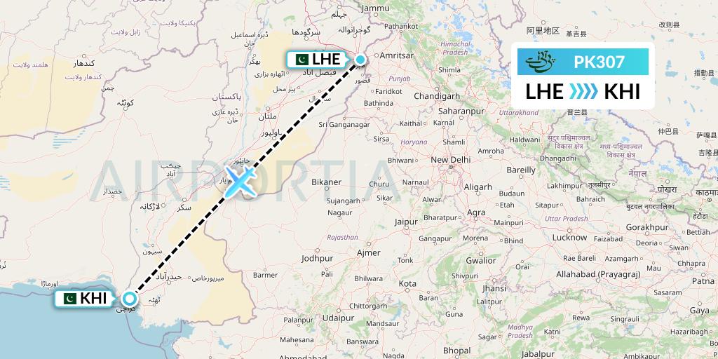 PK307 Pakistan International Airlines Flight Map: Lahore to Karachi