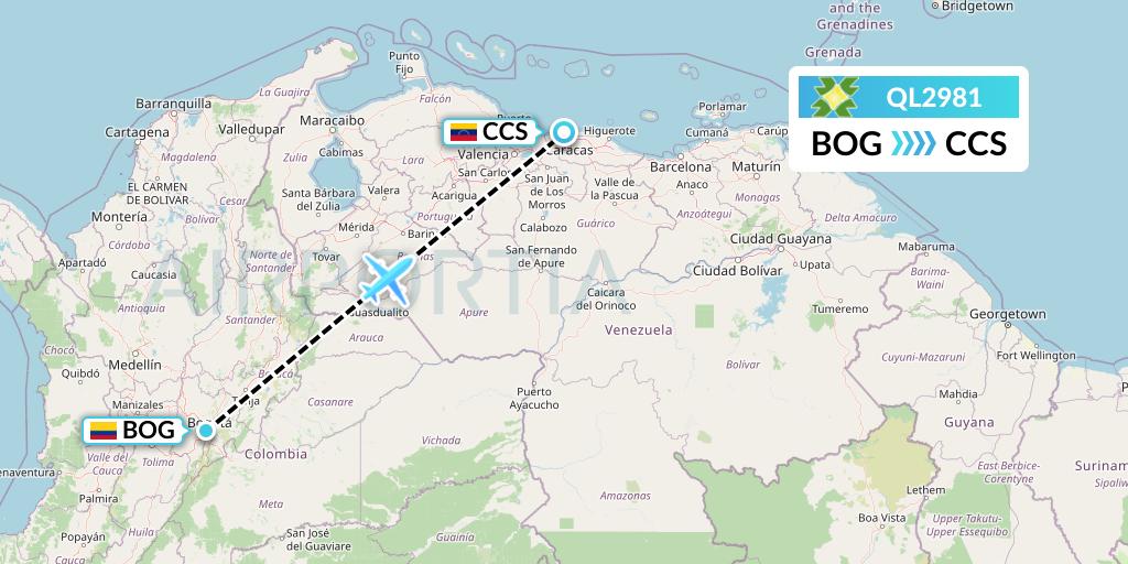 QL2981 Laser Airlines Flight Map: Bogota to Caracas