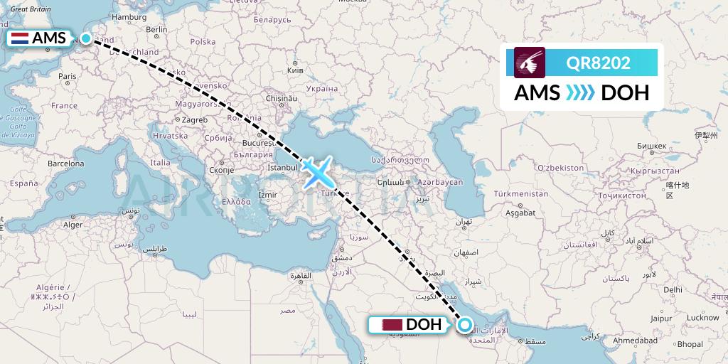 QR8202 Qatar Airways Flight Map: Amsterdam to Doha