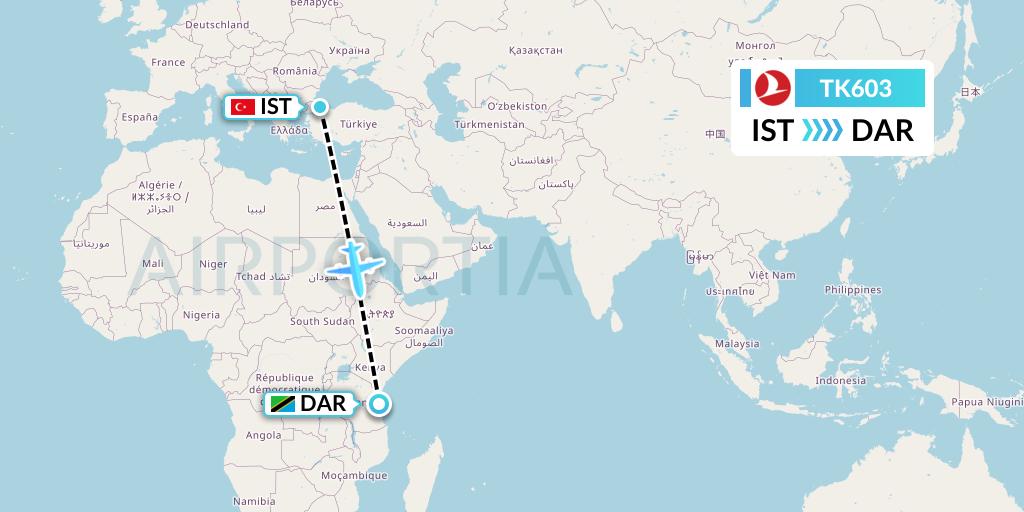 TK603 Turkish Airlines Flight Map: Istanbul to Dar-es-Salaam