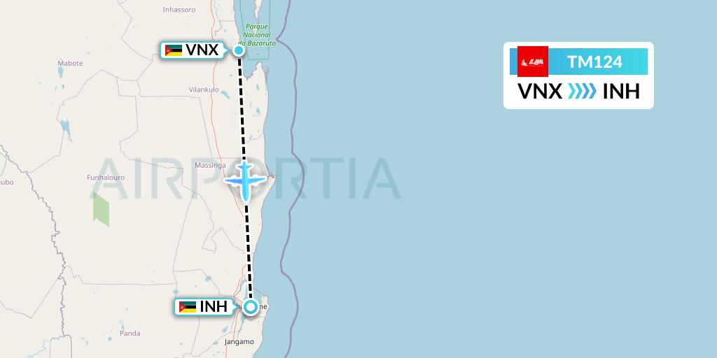 TM124 LAM Mozambique Airlines Flight Map: Vilankulo to Inhambane