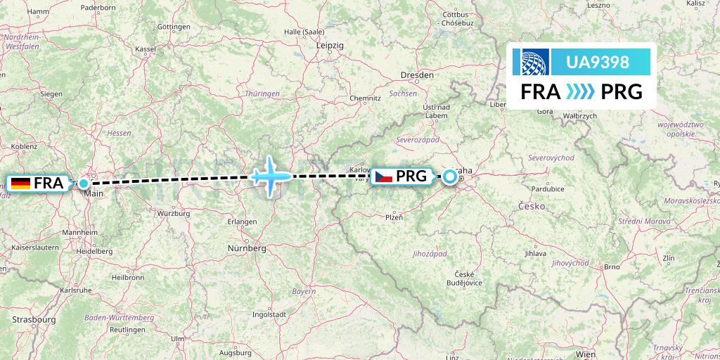 UA9398 United Airlines Flight Map: Frankfurt to Prague